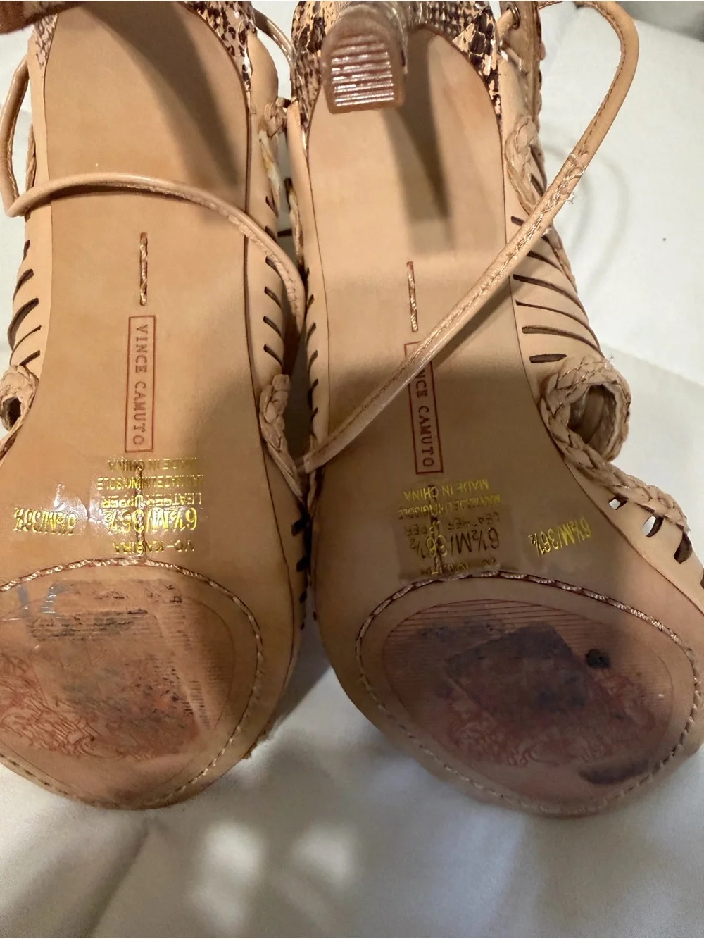 Vince Camuto Tan Braided Strappy High Heel Sandals with Snakeskin Toe